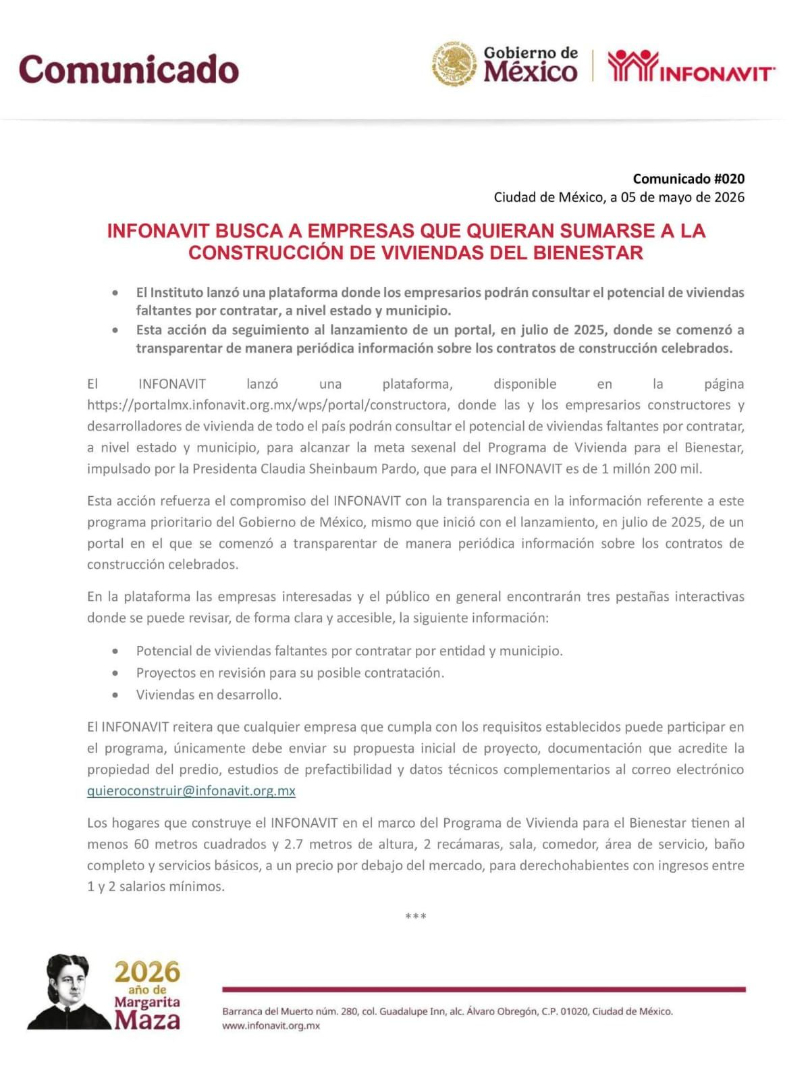 INFONAVIT BUSCA A EMPRESAS QUE QUIERAN SUMARSE A LA CONSTRUCCIÓN DE VIVIENDAS DEL BIENESTAR