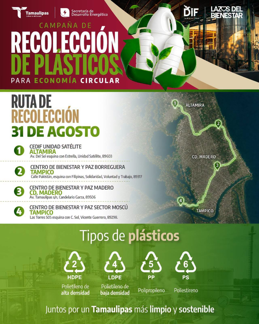 Realizará SEDENER campaña de recolección de plásticos para fortalecer la economía circular en Tamaulipas