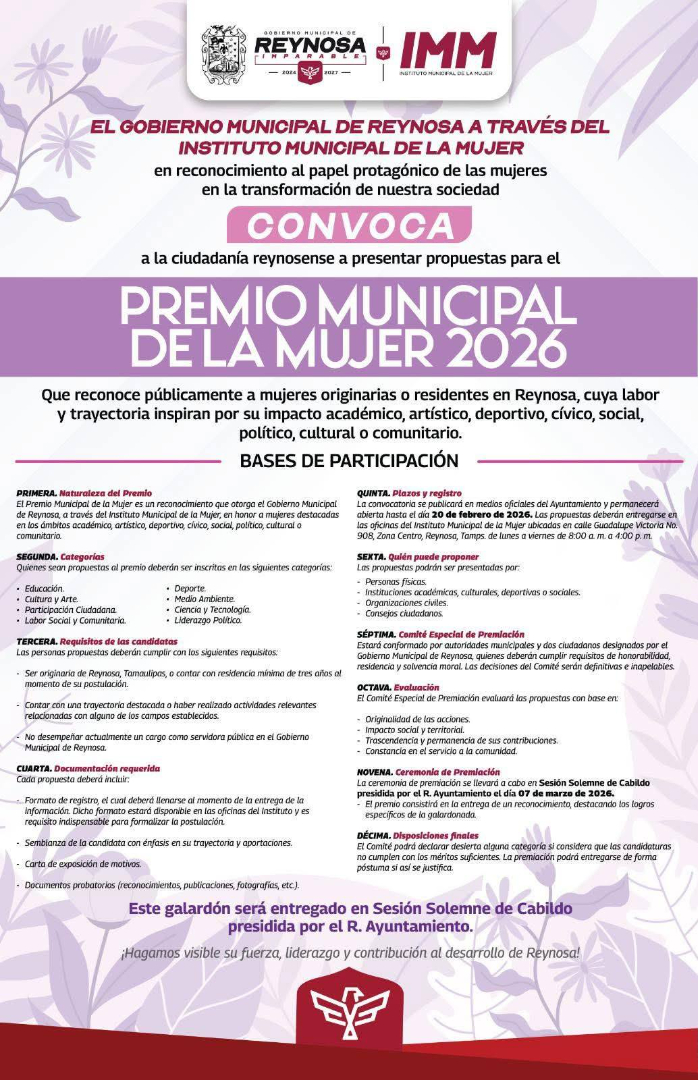 Invita Alcalde Carlos Peña Ortiz a participar en el Premio Municipal de la Mujer 2026 Reynosa
