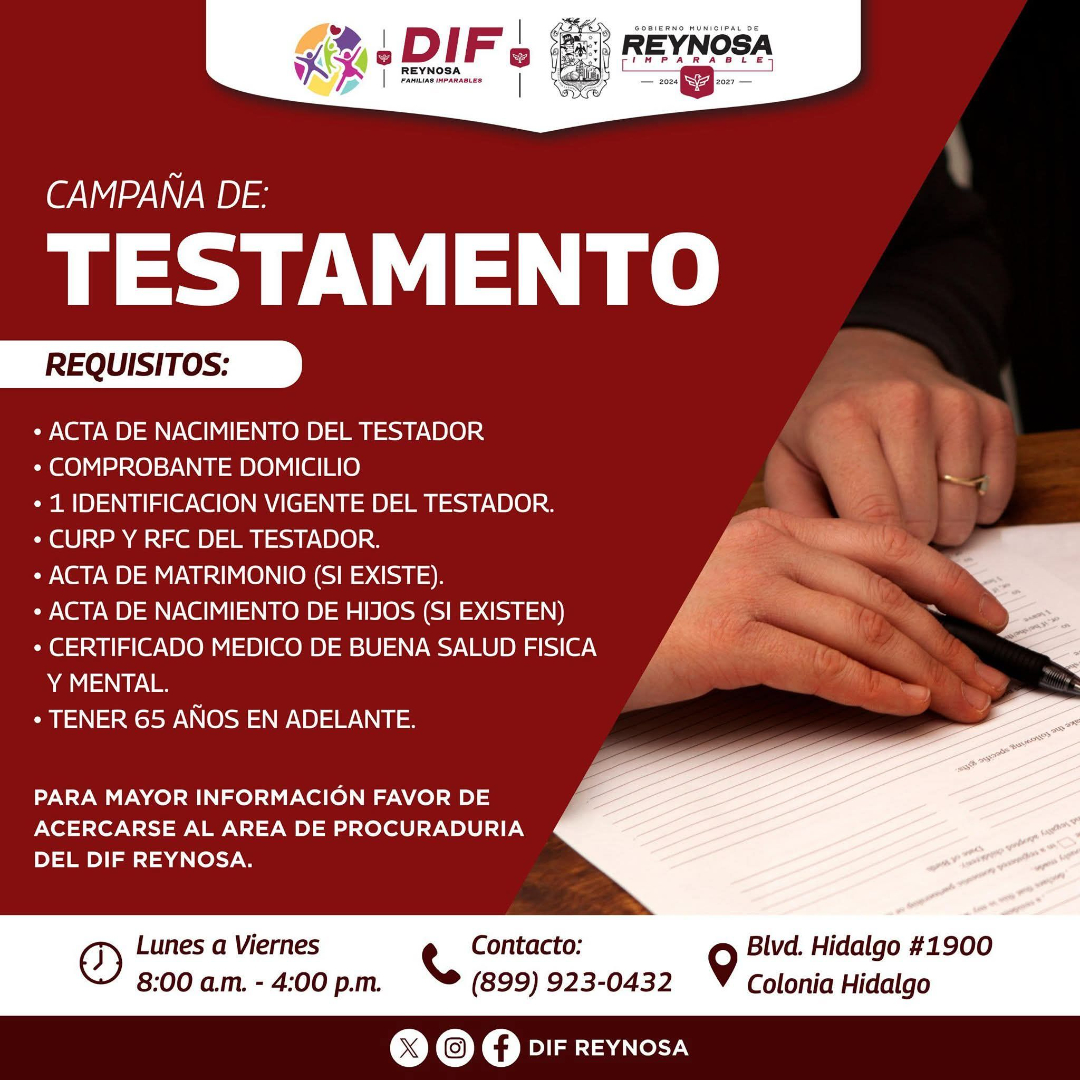Amplía DIF Reynosa campaña de testamentos gratuitos para proteger el patrimonio familiar