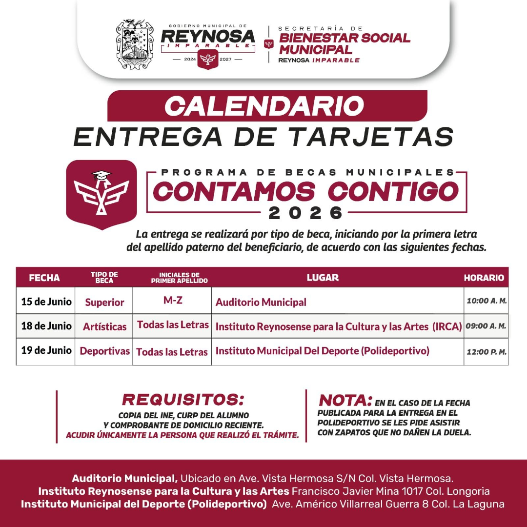 Informa Gobierno de Reynosa actualización de fechas para Becas Municipales
